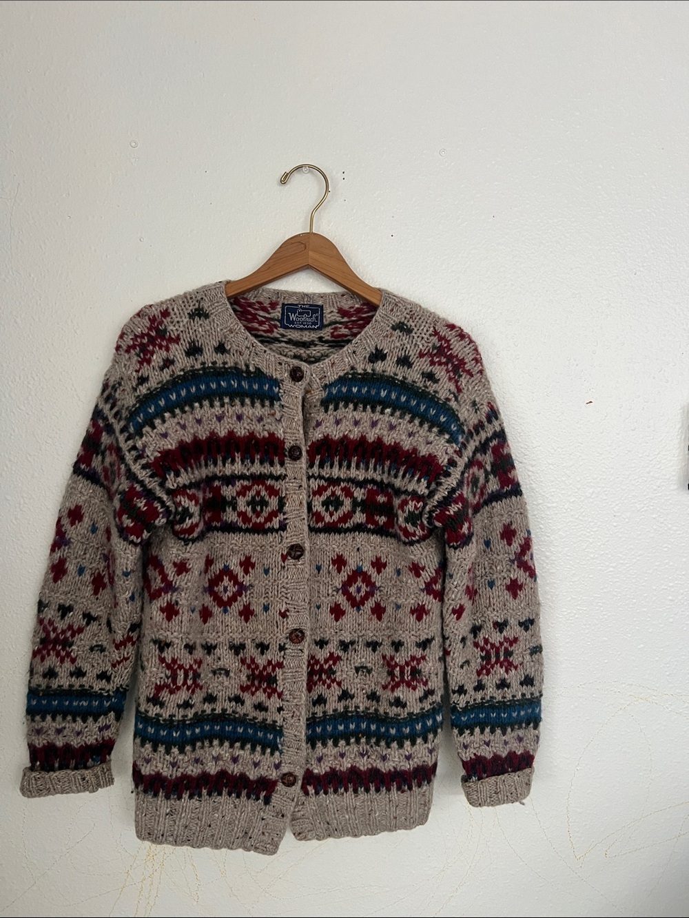 Woolrich Women’s Fair Isle Cardigan Sweater - Beige with Burgundy & Teal Accents